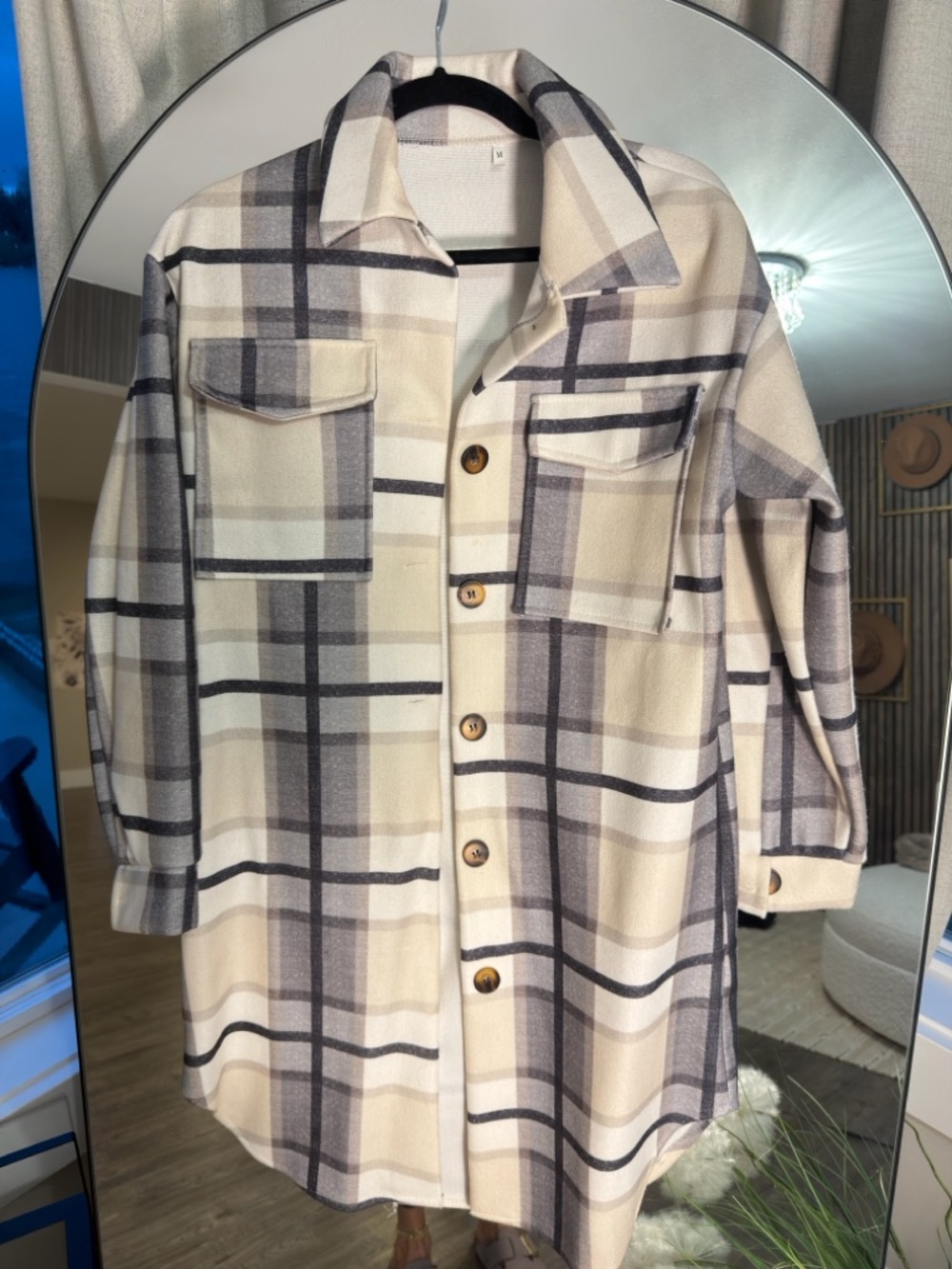 Plaid Button-Front Shacket in Cream and Gray - Unbranded